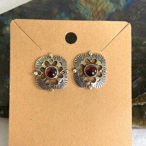 Sterling Silver 925 Garnet Cabochon Southwest Style Stamped Stud Earrings
